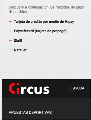 Metodos de pago disponibles en Circus para depositos y retiradas