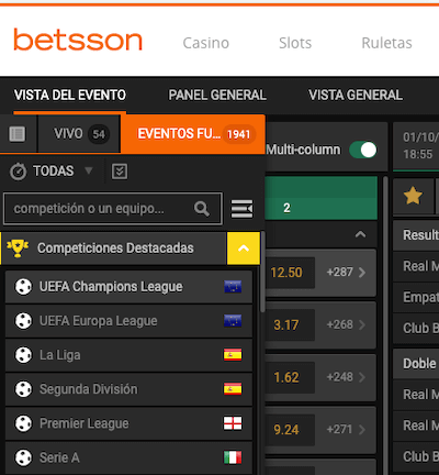 Betsson mobile, version responsive de la web