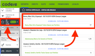 Promociones Codere - cuotas extendidas en apuestas Europa League