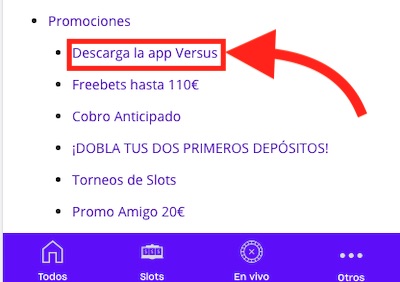 Encontrar la app en la página de VS apuestas