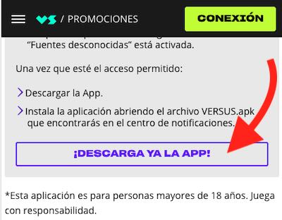 Como encontrar la sección de descarga de la apk de Versus Apuestas