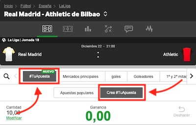 Opción de crear apuesta en Betway en el Real Madrid vs Athletic de Bilbao