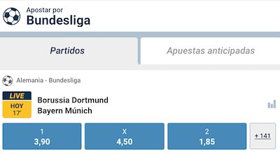 cuotas de apuestas del Dortmund vs Bayern en 1xBet