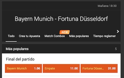 Cuotas de apuestas del Bayern vs Fortuna Dusseldorf en 888sport