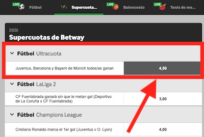 Ultracuota Betway en las apuestas de hoy en la Champions League 2020