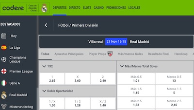 Cuotas de apuestas para pronostico del Villarreal vs Real Madrid en Codere