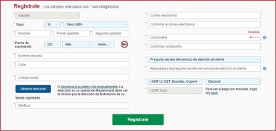 Formulario de registro en Marathon Bet