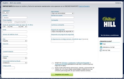 Registro en William Hill España