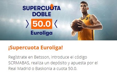 Supercuota Doble en Betsson para tus apuestas al Real Madrid Baskonia