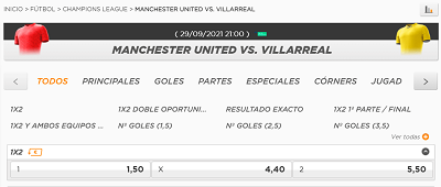 Cuotas y pronostico de apuestas para el Manchester United vs Villarreal de Champions