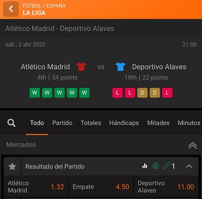 Comparativa de casas de apuestas y cuotas para el partido de LaLiga entre Atletico y Alaves