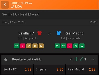 Cuotas Betsson para nuestro pronostico de apuestas al Sevilla vs Real Madrid de LaLiga