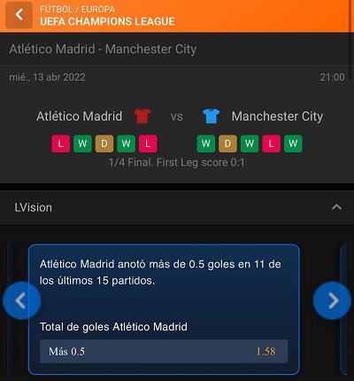 Mercados y cuotas para pronostico para el Atletico de Madrid vs Manchester City de Champions