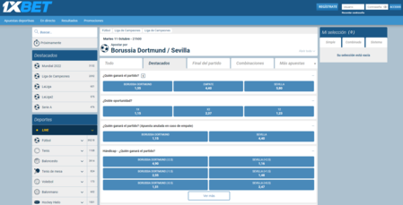 Las cuotas del Dortmund Vs Sevilla son muy potentes en muchos mercados de apuestas de 1xbet