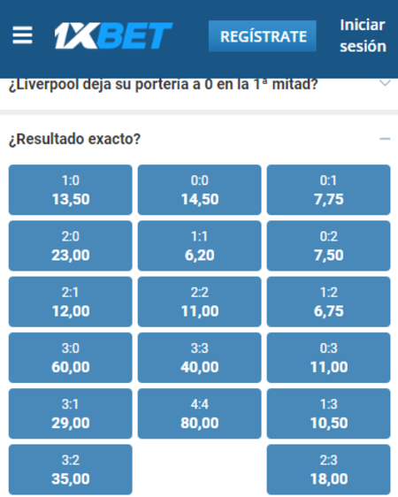 Las cuotas para hacer un pronóstico de resultado exacto en 1xbet