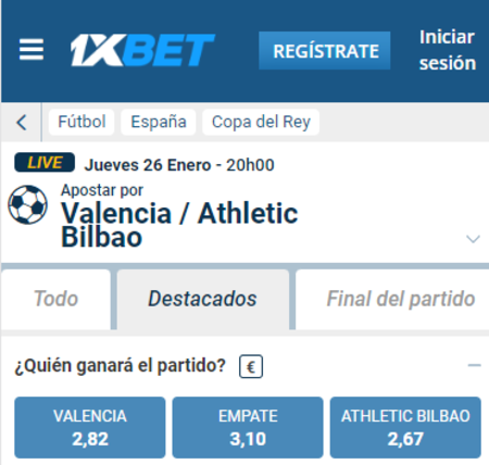 Si quieres hacer un pronóstico al resultado del Valencia vs Athletic en 1xbet vas a encontrar cuotas muy elevadas