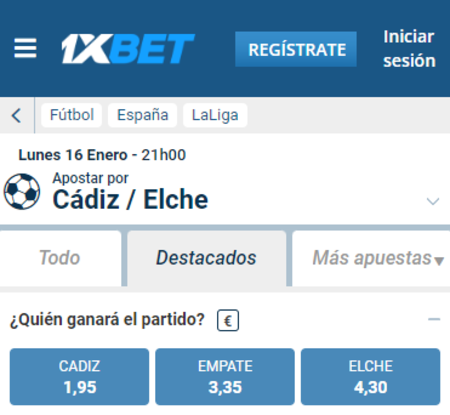 Dos de las cuotas más altas para hacer un pronóstico en el Cádiz vs Elche están en 1xbet