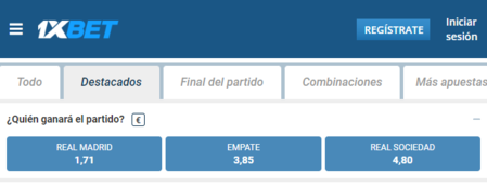 El pronóstico de 1X2 en 1xbet para el Madrid vs Real Sociedad tiene cuotas muy altas