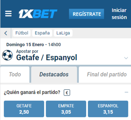 En 1xbet puedes encontrar muy buenas cuotas al 1x2 para hacer tu pronóstico del Getafe vs Espanyol